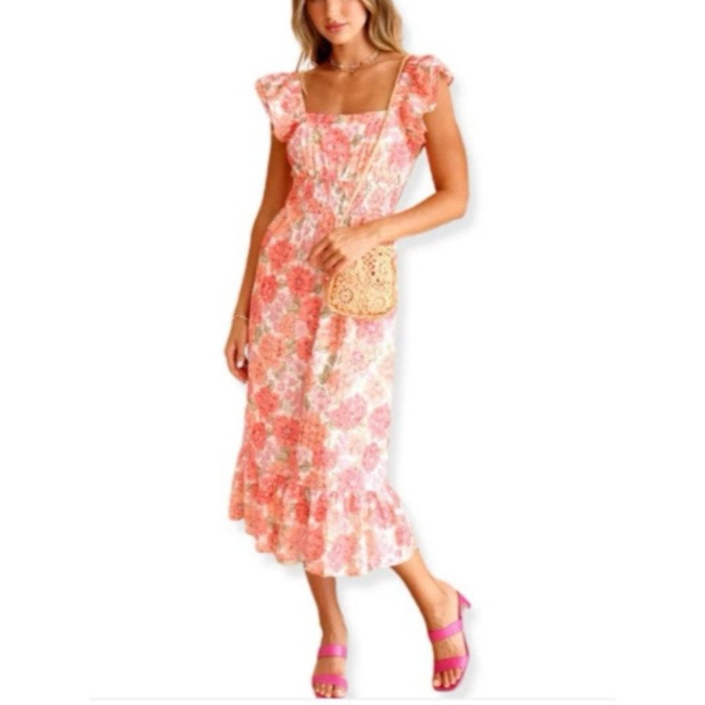 Adelyn Rae Midi Dress XL Pink White Brown Floral Smocked Stretch Washable